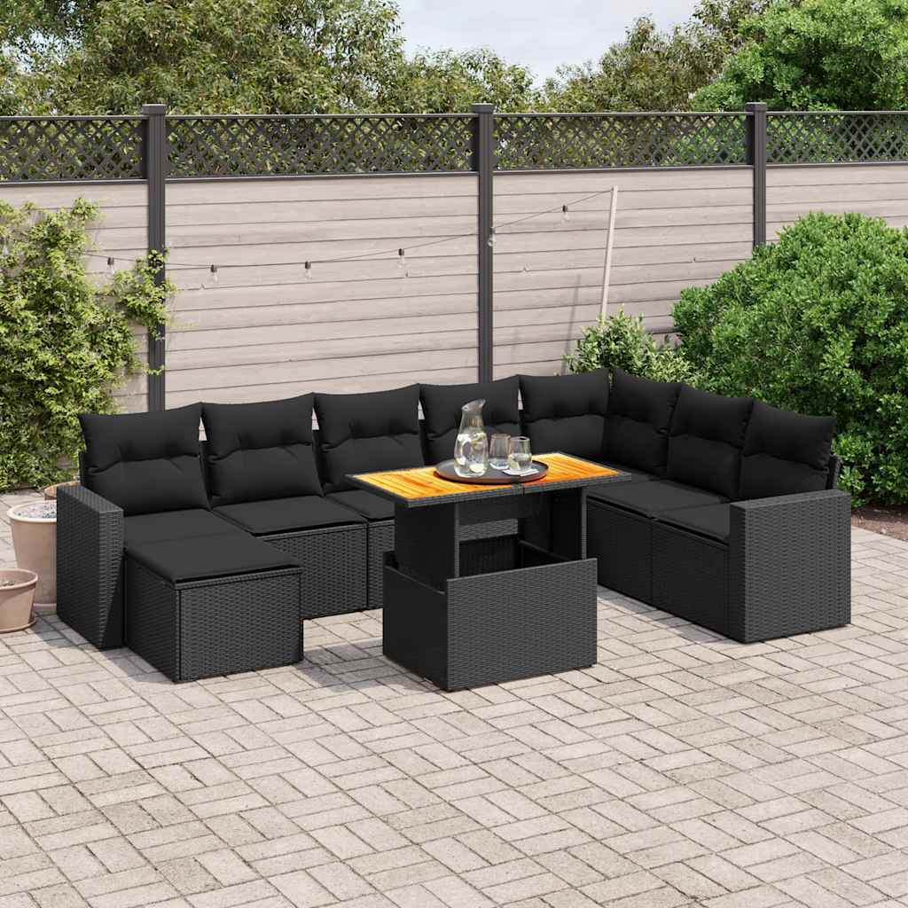 Set Divani da Giardino 9 pz con Cuscini Nero in Polyrattan | homemem39