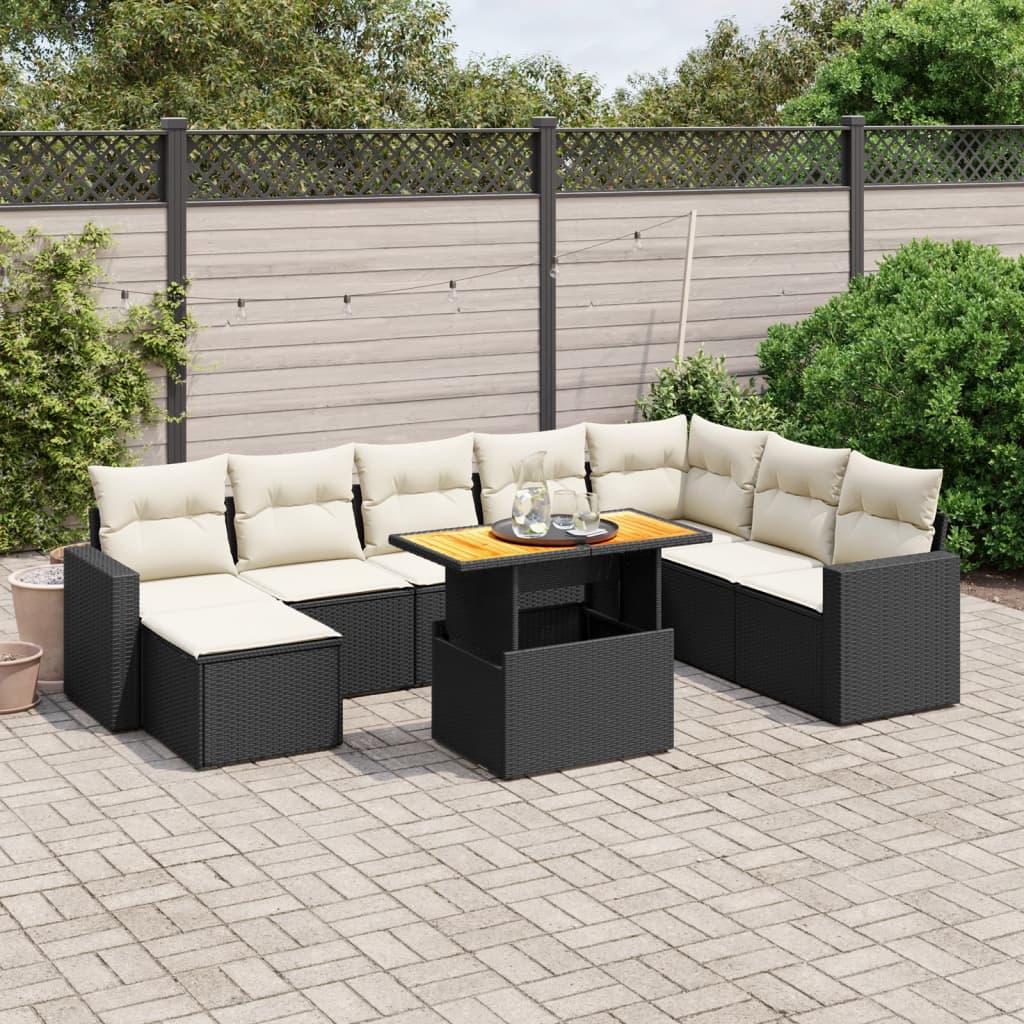 Set Divani da Giardino 9 pz con Cuscini Nero in Polyrattan - homemem39