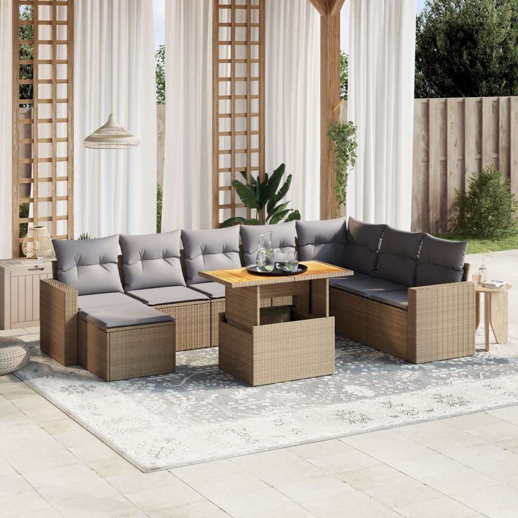 Set Divano da Giardino 9 pz con Cuscini Beige in Polyrattan - homemem39