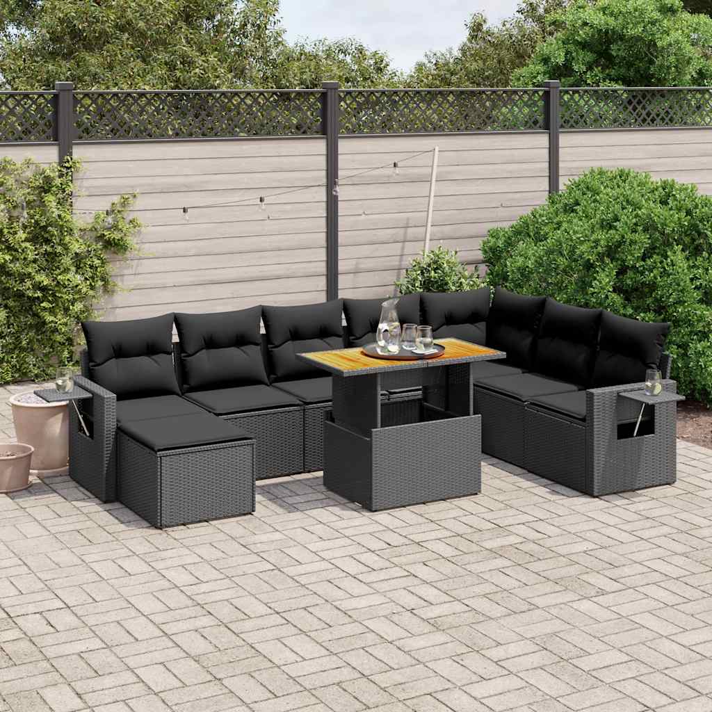 Set Divani da Giardino 9 pz con Cuscini Nero in Polyrattan | homemem39