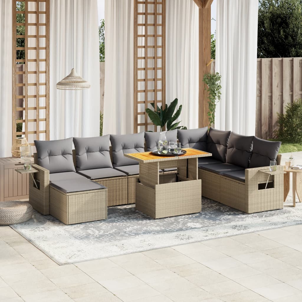 Set Divano da Giardino 9 pz con Cuscini Beige in Polyrattan - homemem39