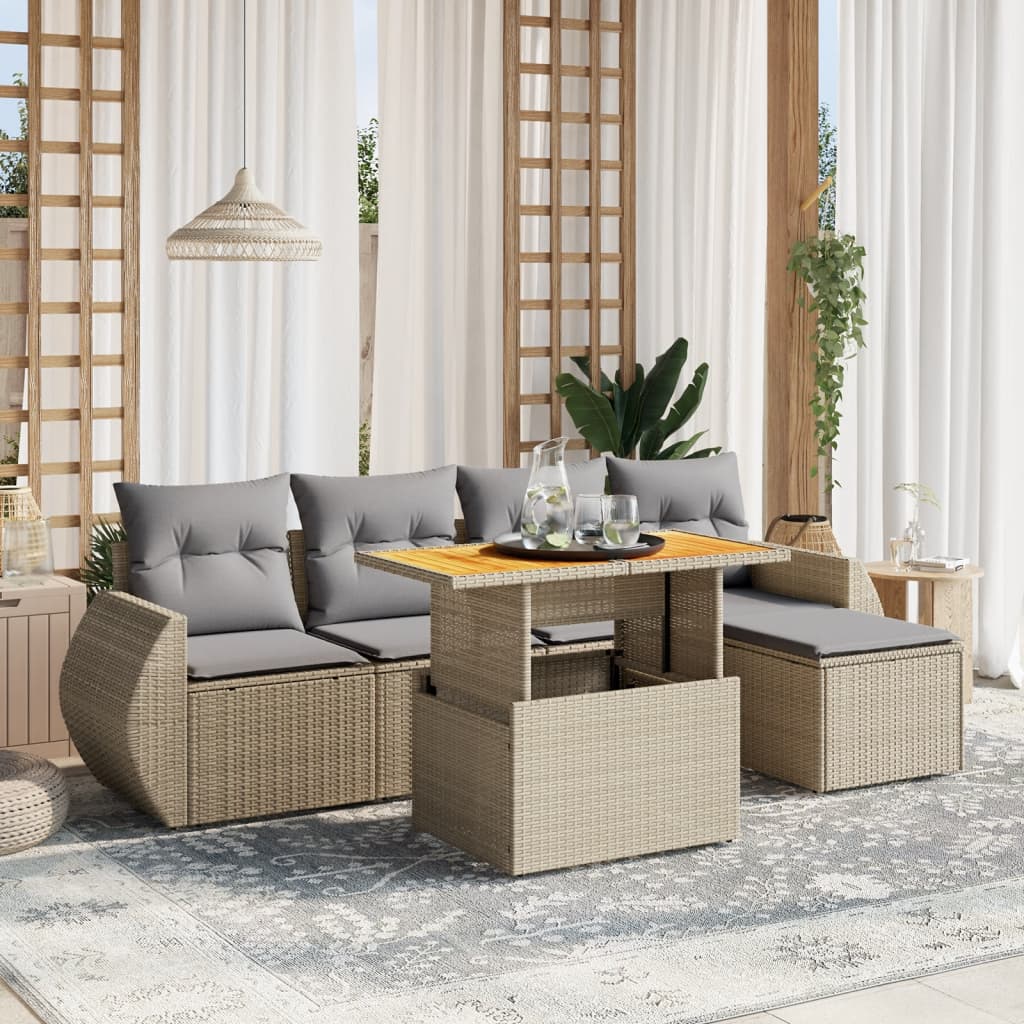 Set Divano da Giardino 6 pz con Cuscini Beige in Polyrattan - homemem39