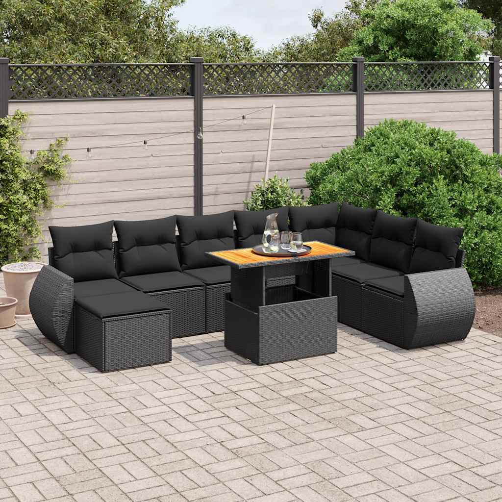Set Divani da Giardino 9 pz con Cuscini Nero in Polyrattan | homemem39