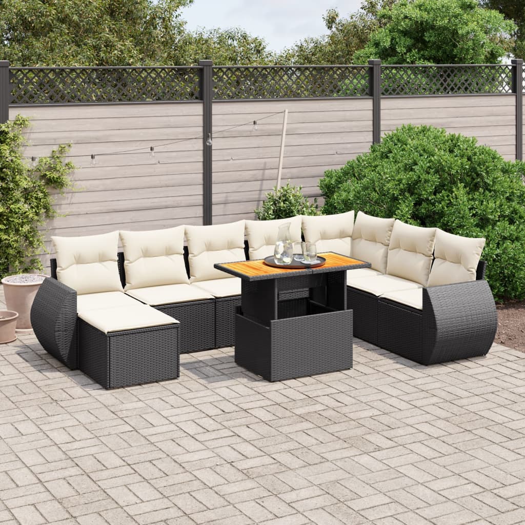 Set Divani da Giardino 9 pz con Cuscini Nero in Polyrattan - homemem39