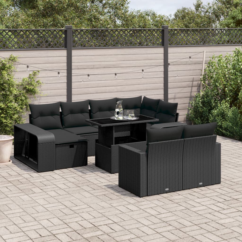 Set Divani da Giardino 11 pz con Cuscini in Polyrattan Nero | homemem39
