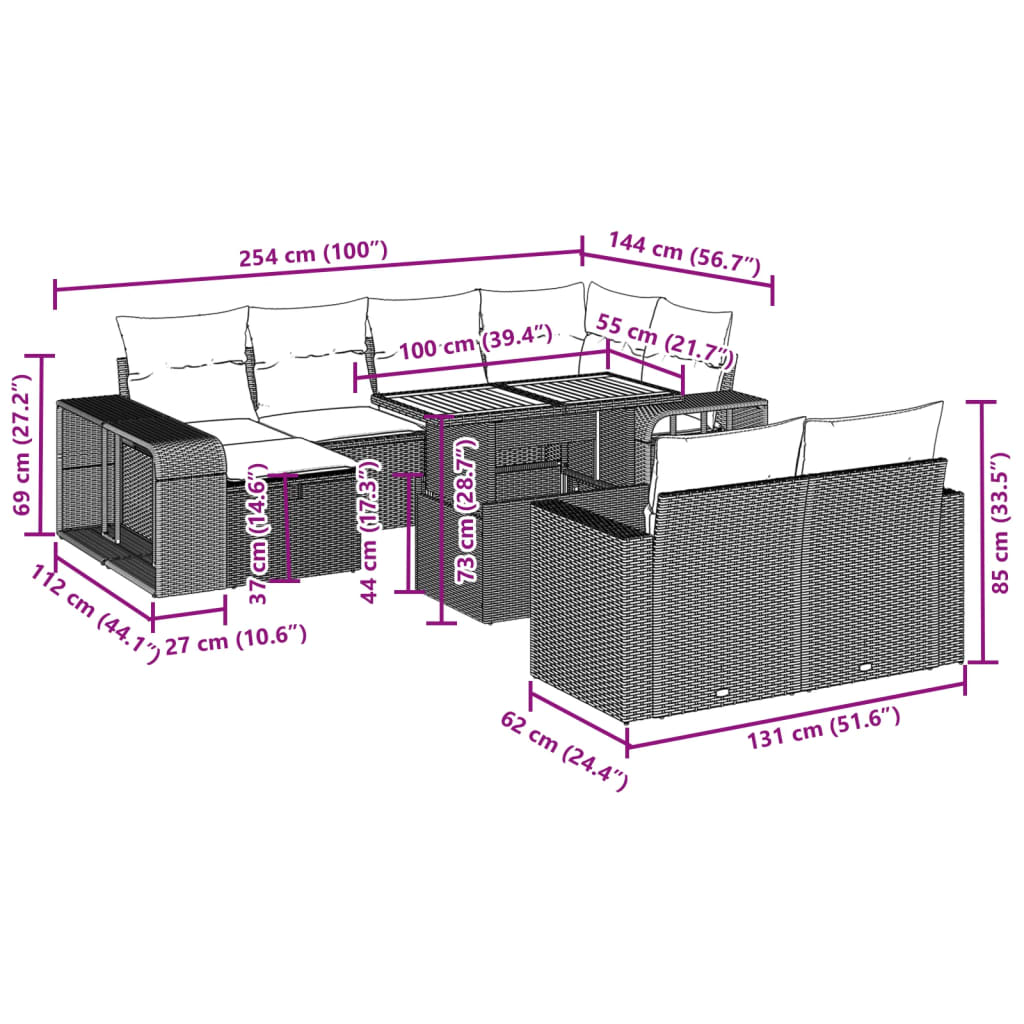 Set Divani da Giardino 11 pz con Cuscini in Polyrattan Nero | homemem39