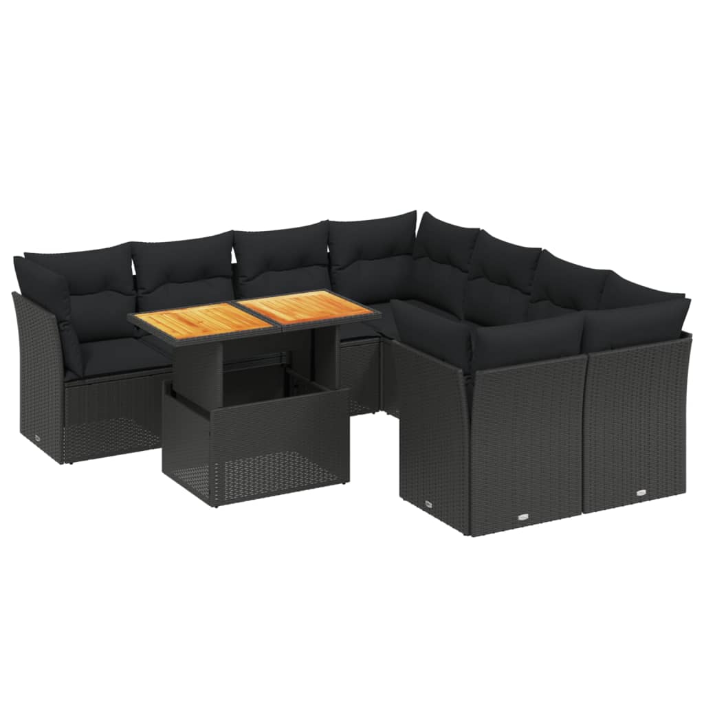 Set Divani da Giardino 9 pz con Cuscini Nero in Polyrattan