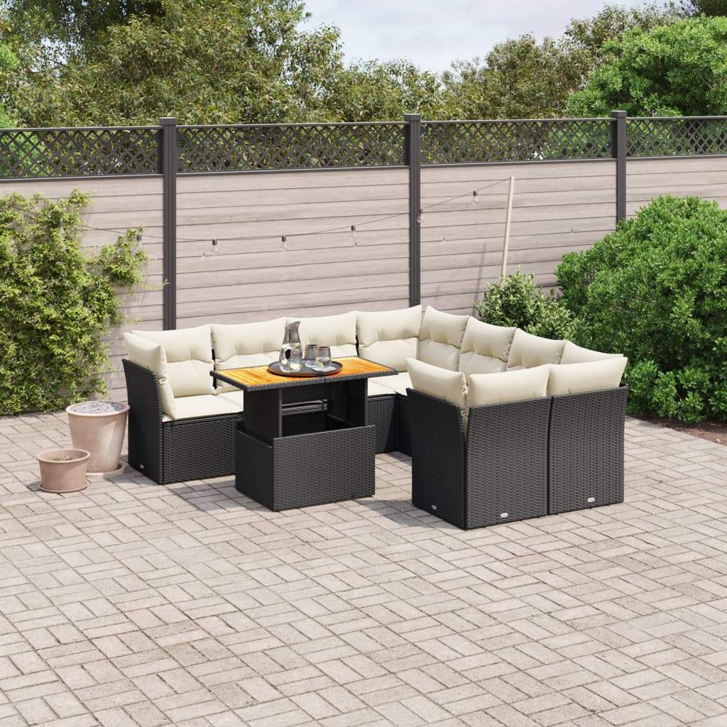 Set Divani da Giardino 9 pz con Cuscini Nero in Polyrattan - homemem39
