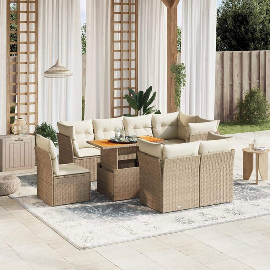 Set Divano da Giardino 9 pz con Cuscini Beige in Polyrattan - homemem39