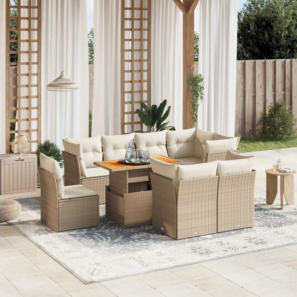 Set Divano da Giardino 9 pz con Cuscini Beige in Polyrattan - homemem39