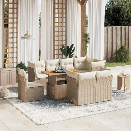 Set Divano da Giardino 9 pz con Cuscini Beige in Polyrattan - homemem39