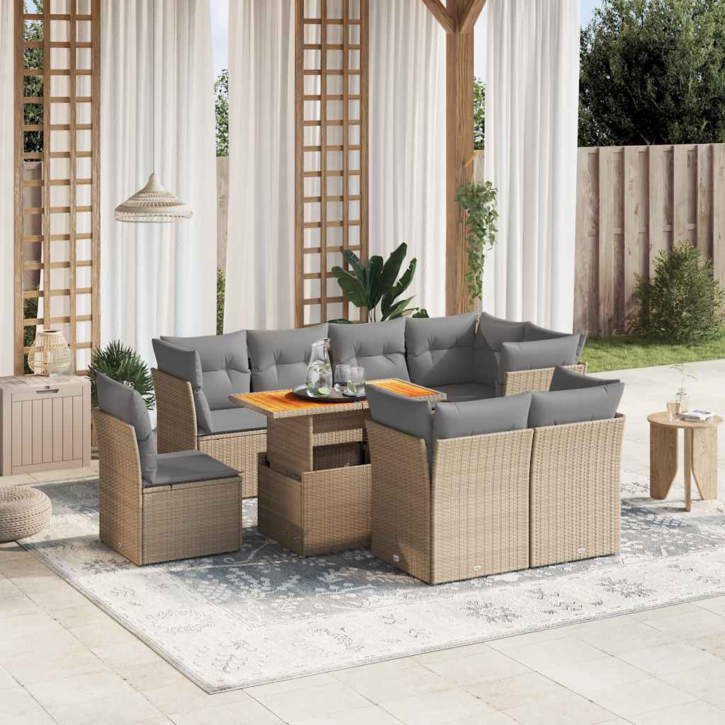 Set Divano da Giardino 9 pz con Cuscini Beige in Polyrattan