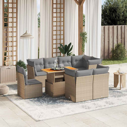 Set Divano da Giardino 9 pz con Cuscini Beige in Polyrattan