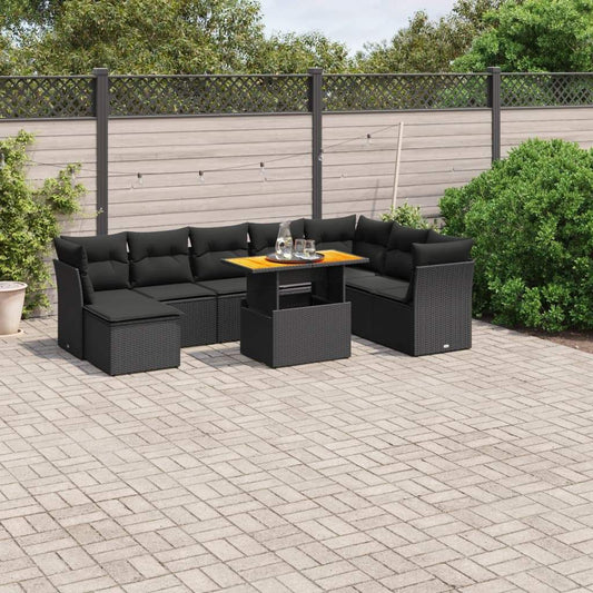 Set Divani da Giardino 9 pz con Cuscini Nero in Polyrattan - homemem39