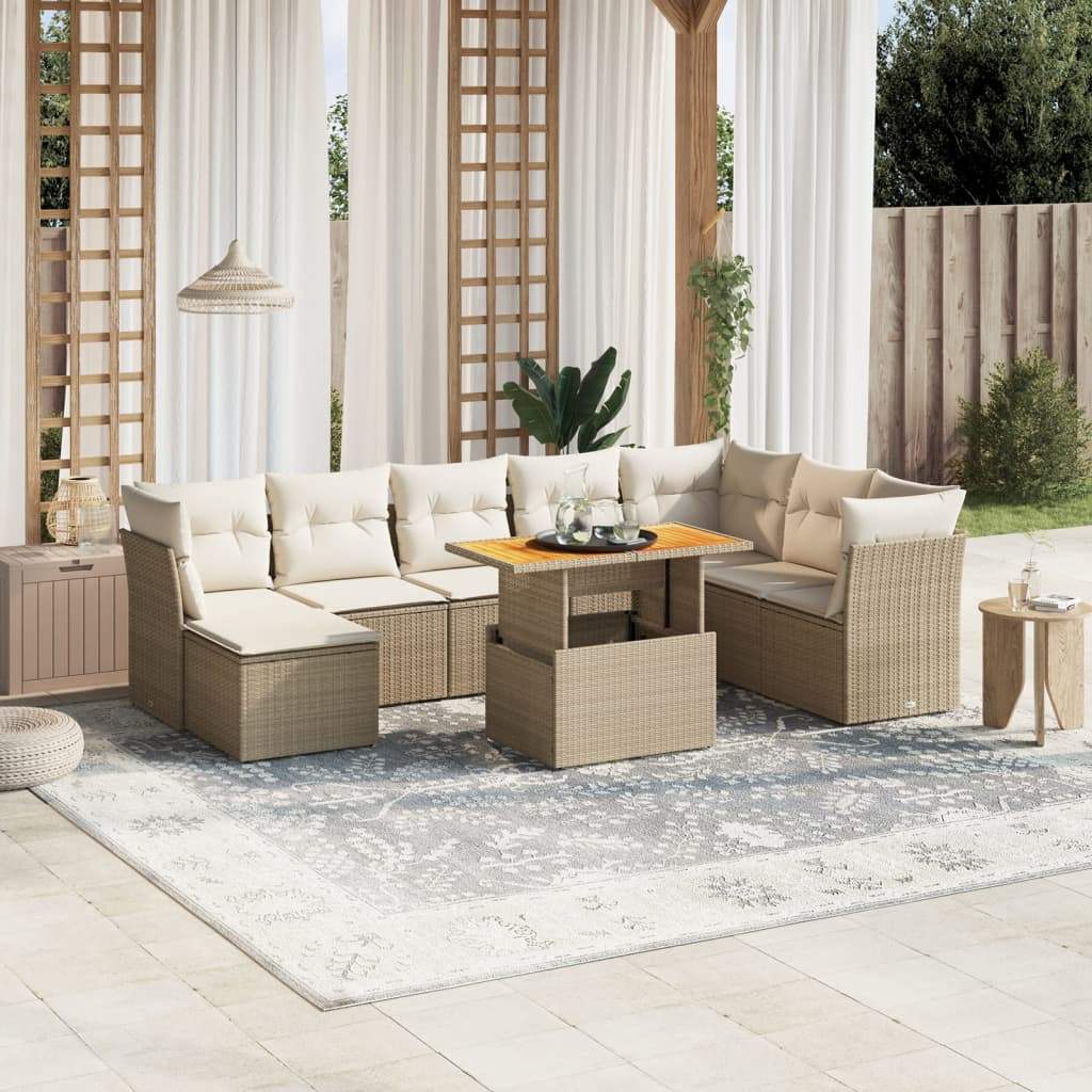Set Divano da Giardino 9 pz con Cuscini Beige in Polyrattan - homemem39