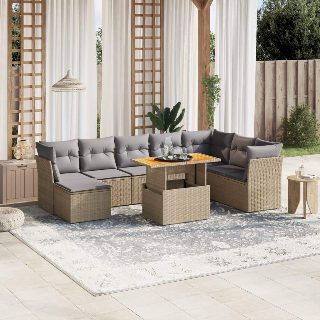 Set Divano da Giardino 9 pz con Cuscini Beige in Polyrattan - homemem39
