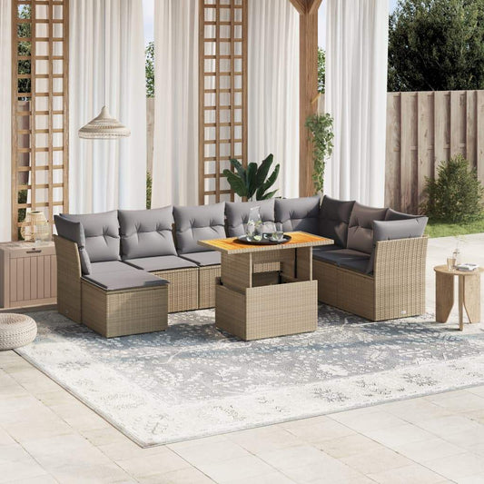 Set Divano da Giardino 9 pz con Cuscini Beige in Polyrattan - homemem39