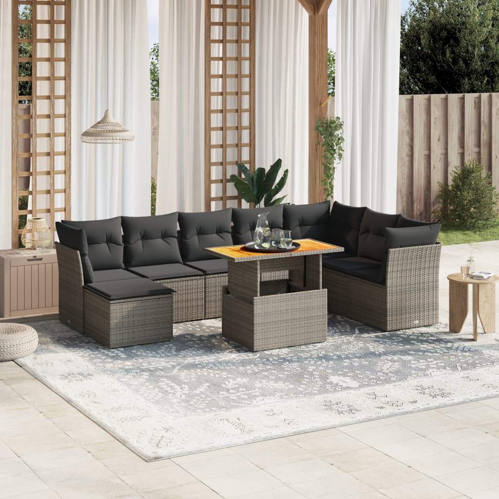 Set Divano da Giardino 9 pz con Cuscini Grigio in Polyrattan - homemem39