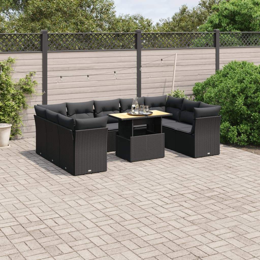 Set Divani da Giardino 10pz con Cuscini in Polyrattan Nero - homemem39