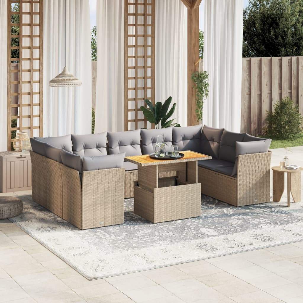 Set Divano da Giardino 10 pz con Cuscini Beige in Polyrattan - homemem39