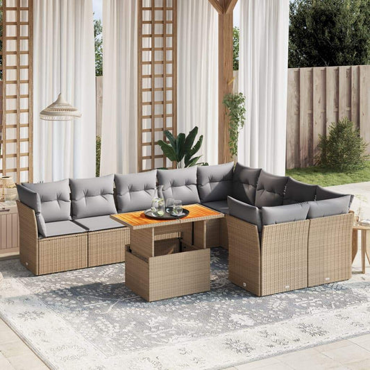 Set Divano da Giardino 10 pz con Cuscini Beige in Polyrattan - homemem39