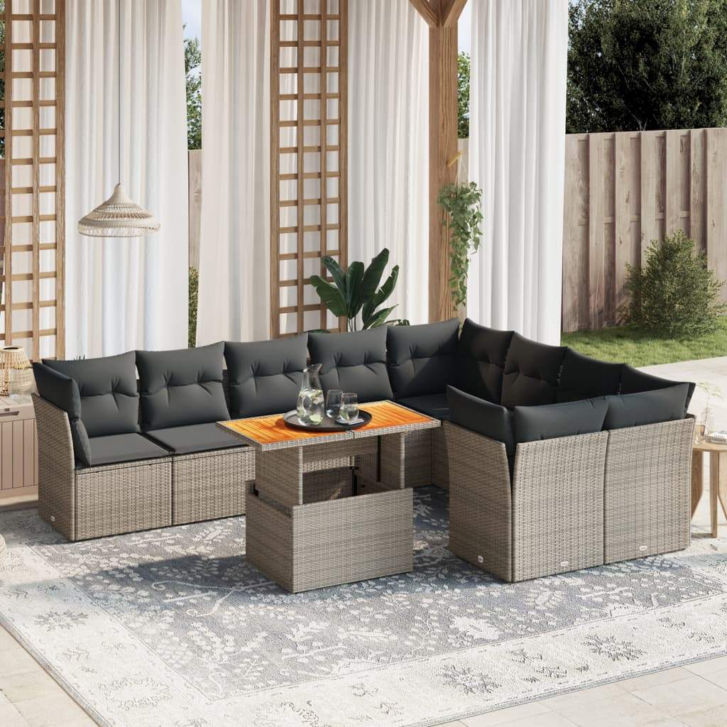Set Divano da Giardino 10 pz con Cuscini Grigio in Polyrattan - homemem39