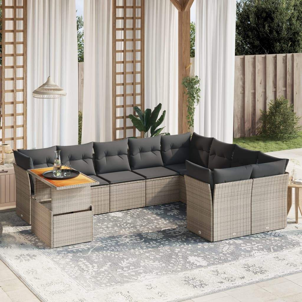 Set Divano da Giardino 10 pz con Cuscini Grigio in Polyrattan - homemem39