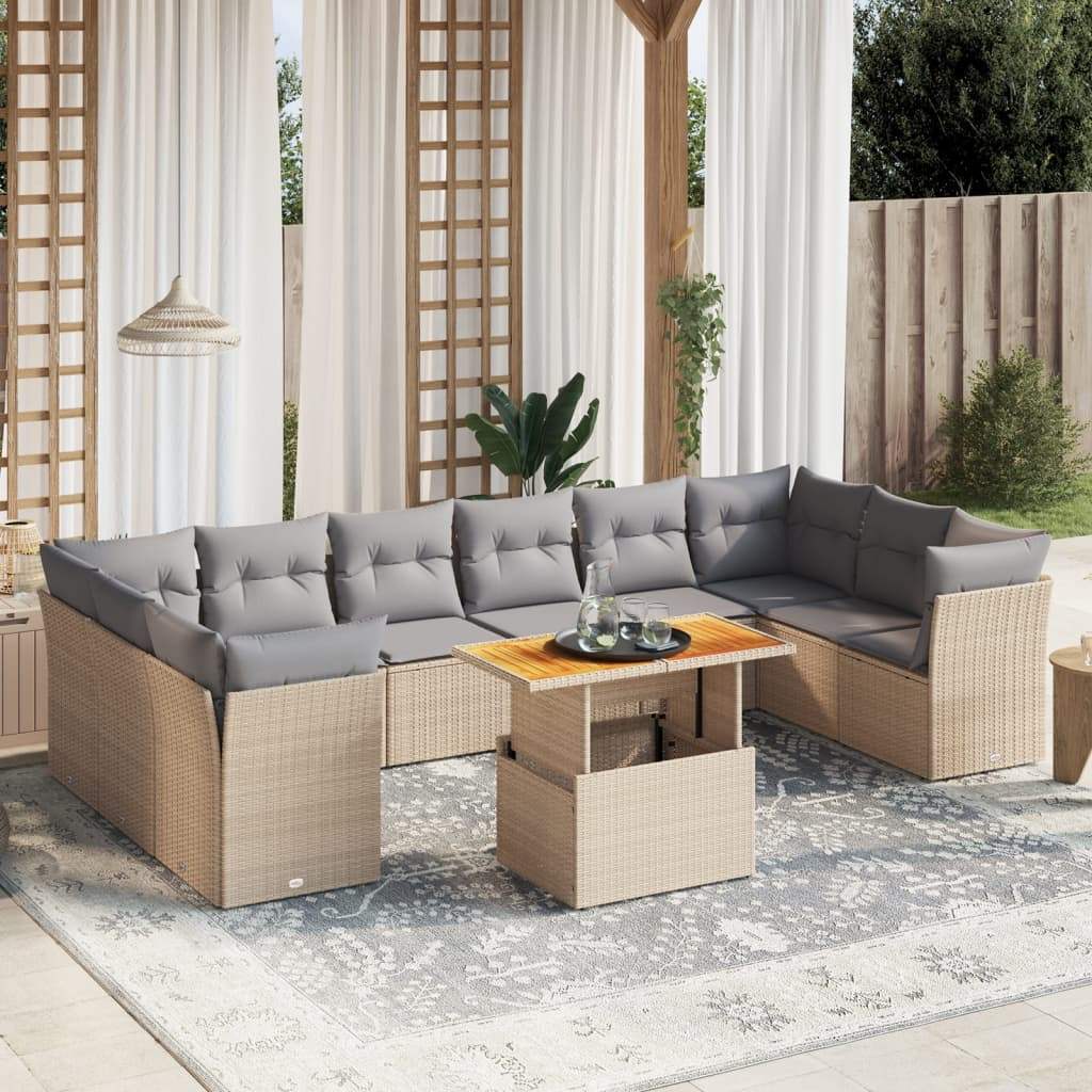 Set Divani da Giardino 11 pz con Cuscini Beige in Polyrattan - homemem39