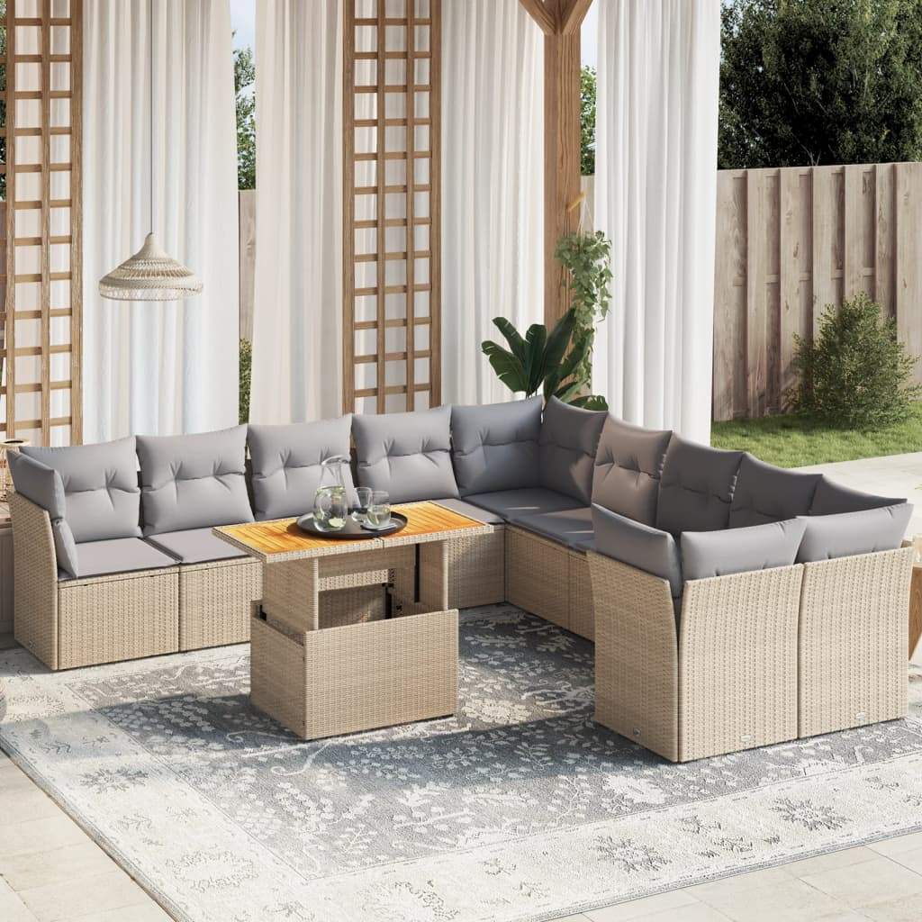 Set Divani da Giardino 11 pz con Cuscini Beige in Polyrattan - homemem39