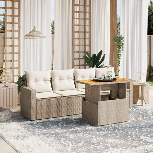 Set Divano da Giardino 5 pz con Cuscini Beige in Polyrattan - homemem39