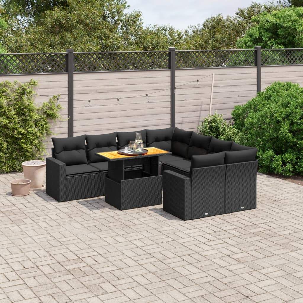 Set Divani da Giardino 9 pz con Cuscini Nero in Polyrattan - homemem39