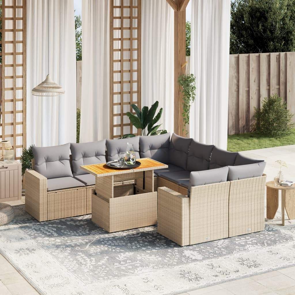 Set Divano da Giardino 9 pz con Cuscini Beige in Polyrattan - homemem39