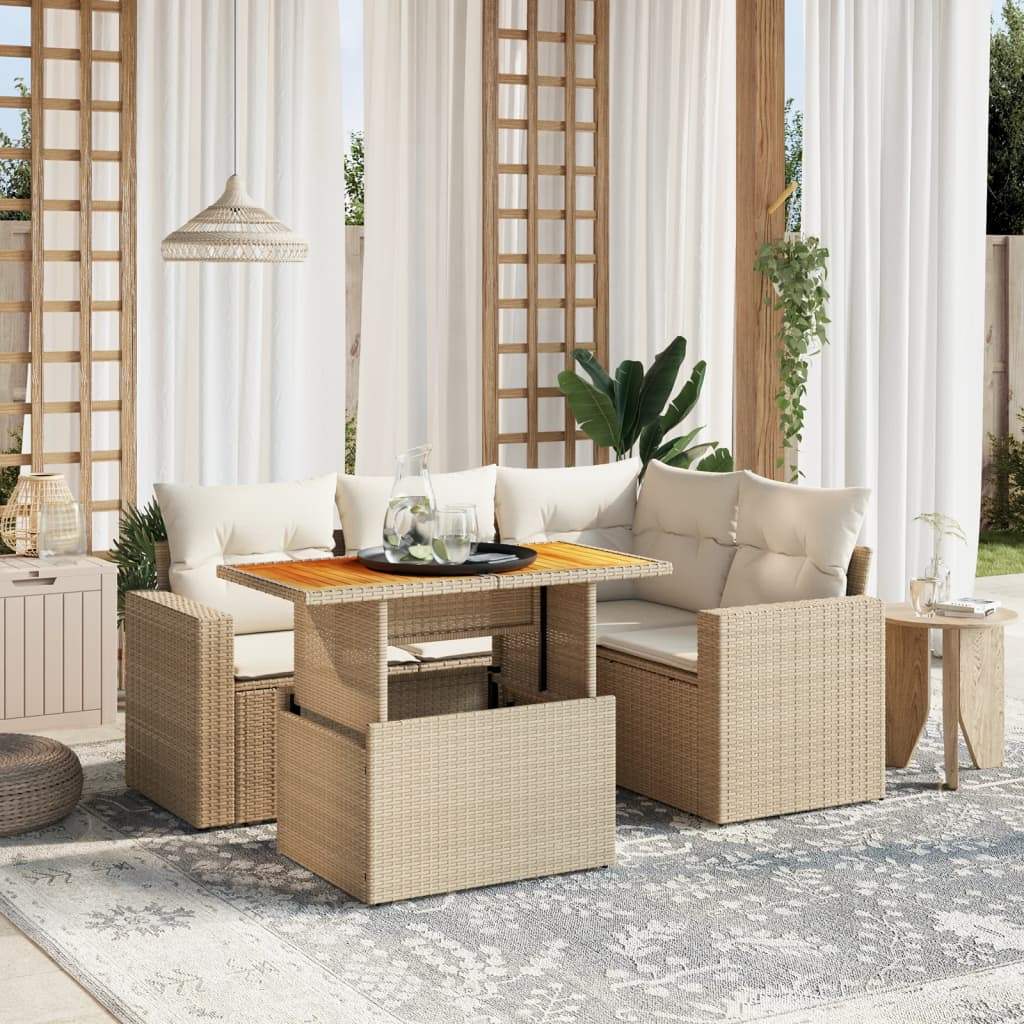 Set Divano da Giardino 5 pz con Cuscini Beige in Polyrattan - homemem39