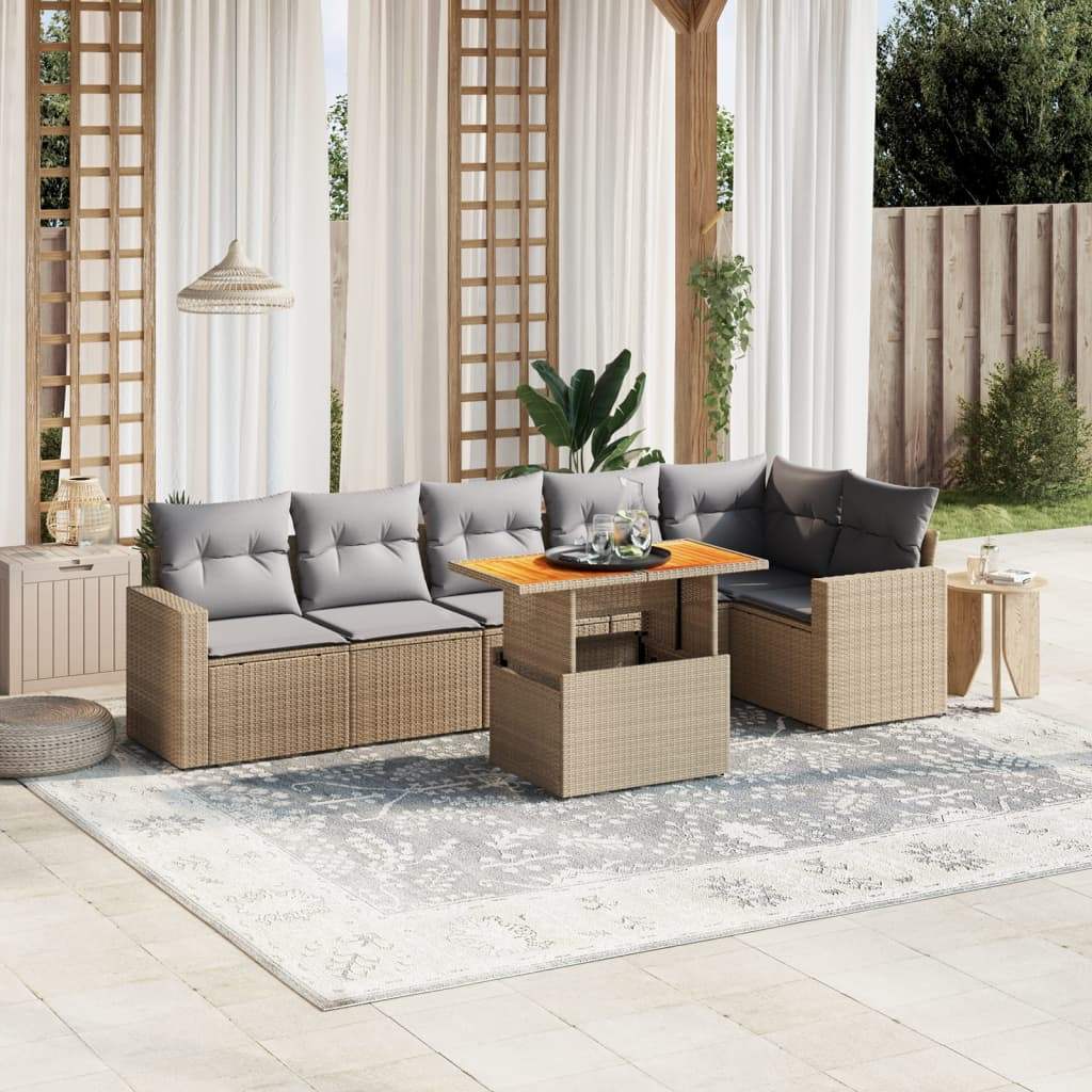 Set Divani da Giardino 7 pz con Cuscini Beige in Polyrattan - homemem39