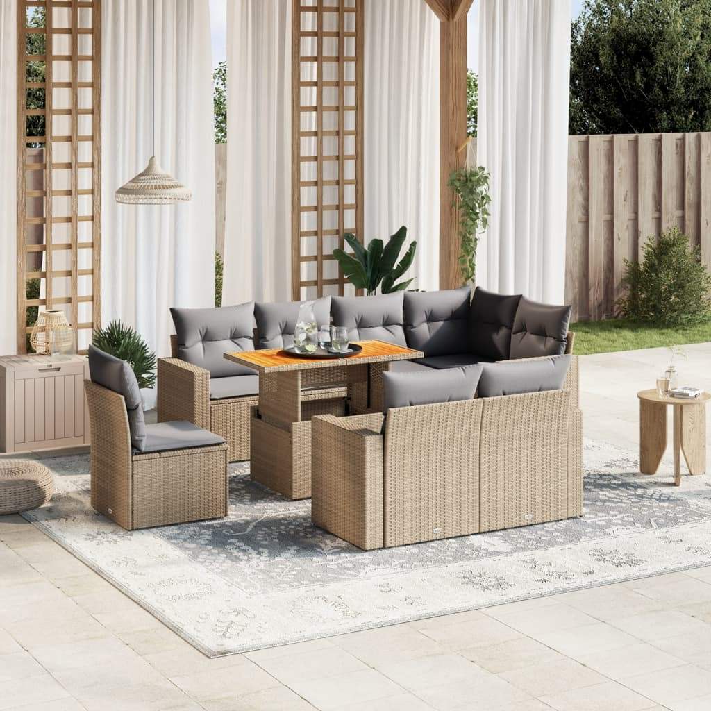 Set Divano da Giardino 9 pz con Cuscini Beige in Polyrattan - homemem39