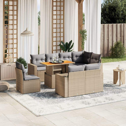 Set Divano da Giardino 9 pz con Cuscini Beige in Polyrattan - homemem39