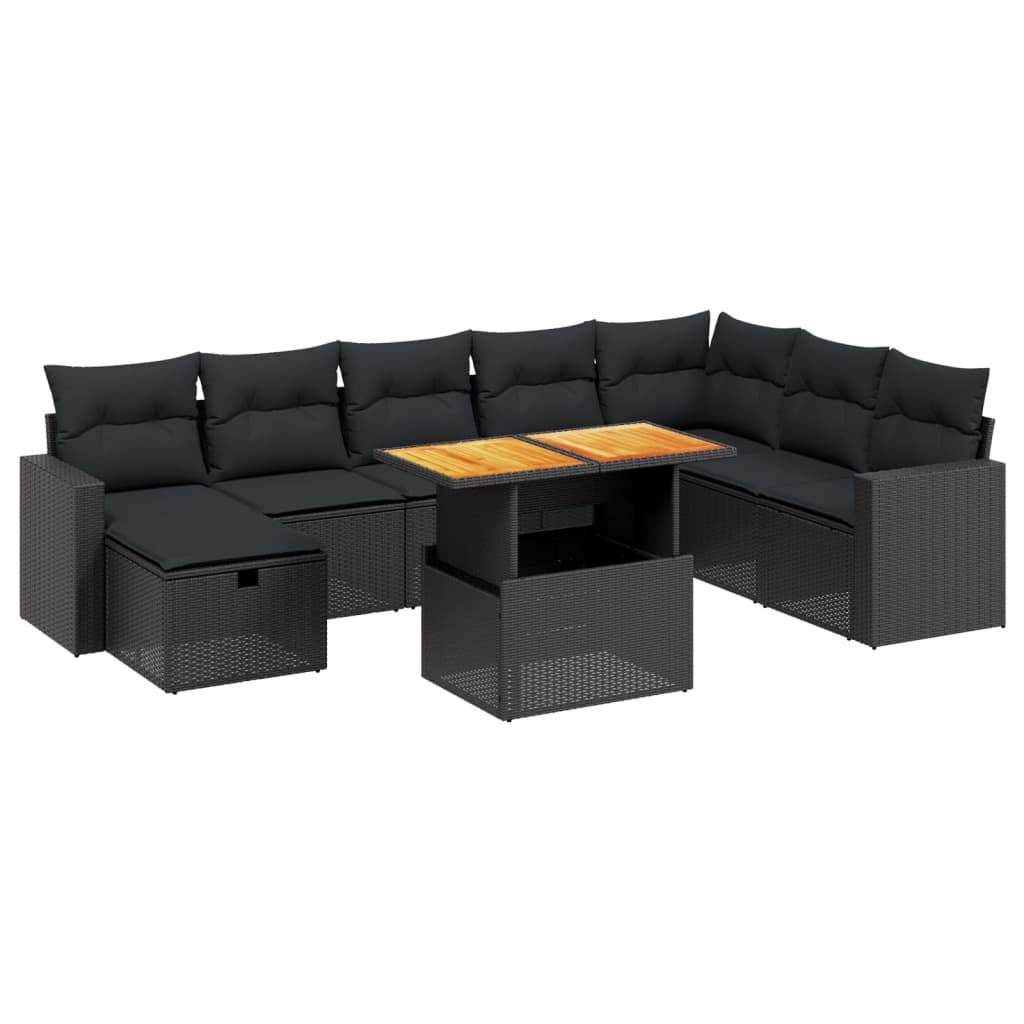Set Divani da Giardino 9 pz con Cuscini Nero in Polyrattan - homemem39
