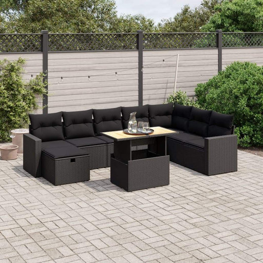 Set Divani da Giardino 9 pz con Cuscini Nero in Polyrattan - homemem39