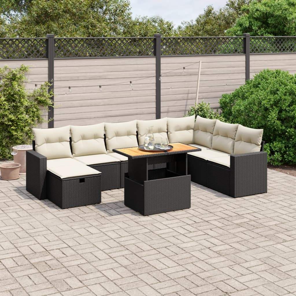 Set Divani da Giardino 9 pz con Cuscini Nero in Polyrattan - homemem39