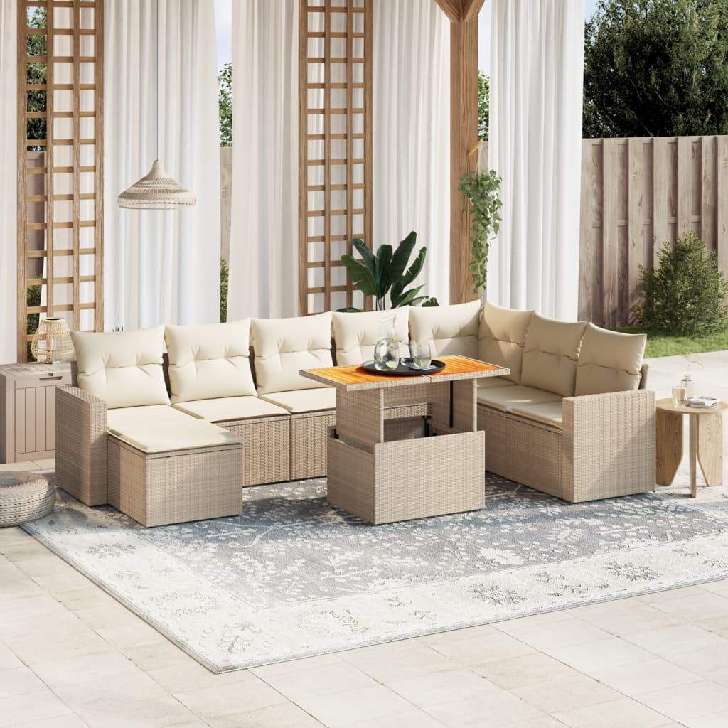 Set Divano da Giardino 9 pz con Cuscini Beige in Polyrattan - homemem39