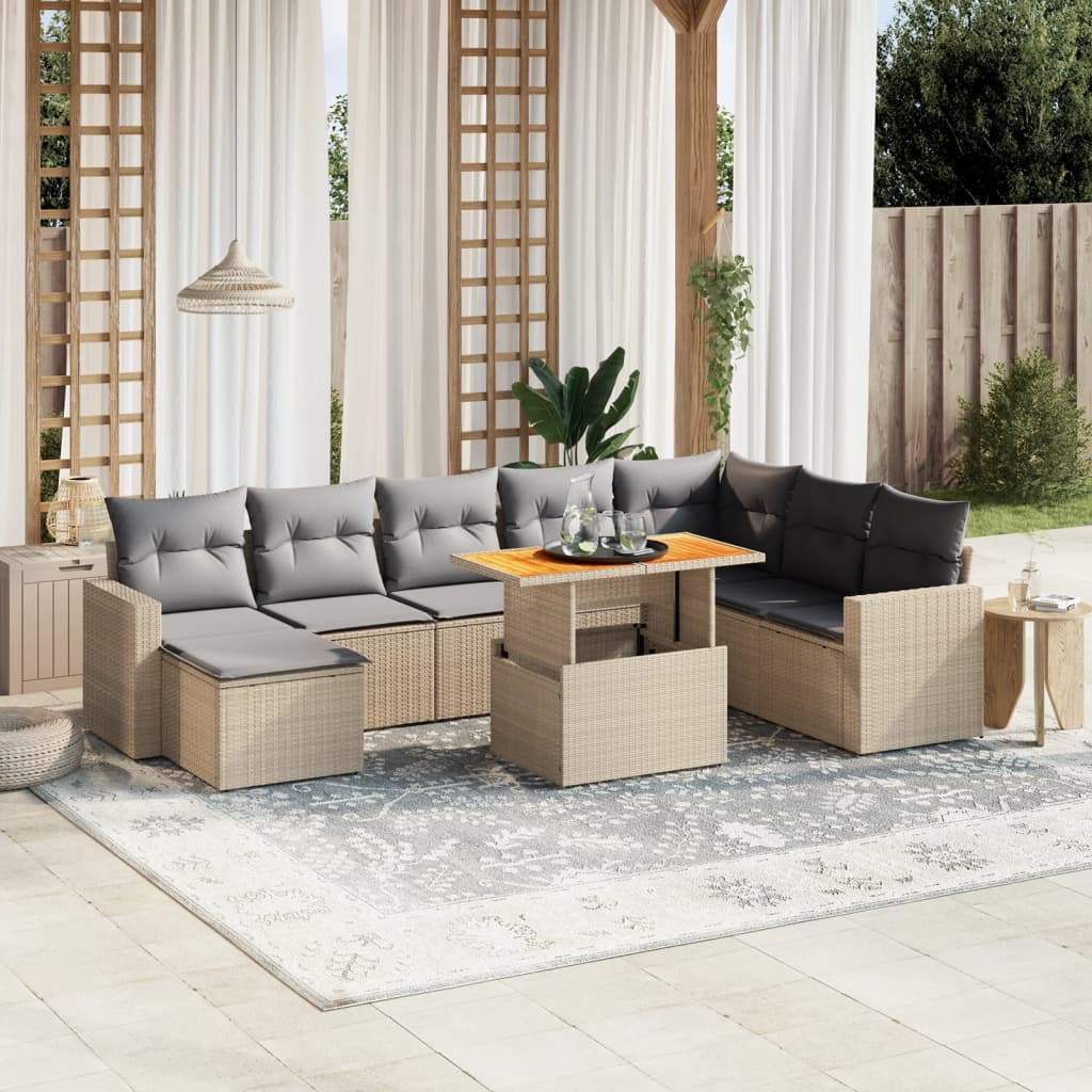 Set Divano da Giardino 9 pz con Cuscini Beige in Polyrattan - homemem39