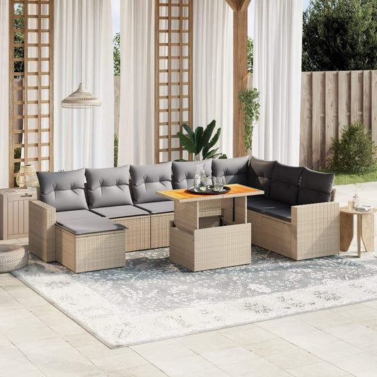 Set Divano da Giardino 9 pz con Cuscini Beige in Polyrattan - homemem39