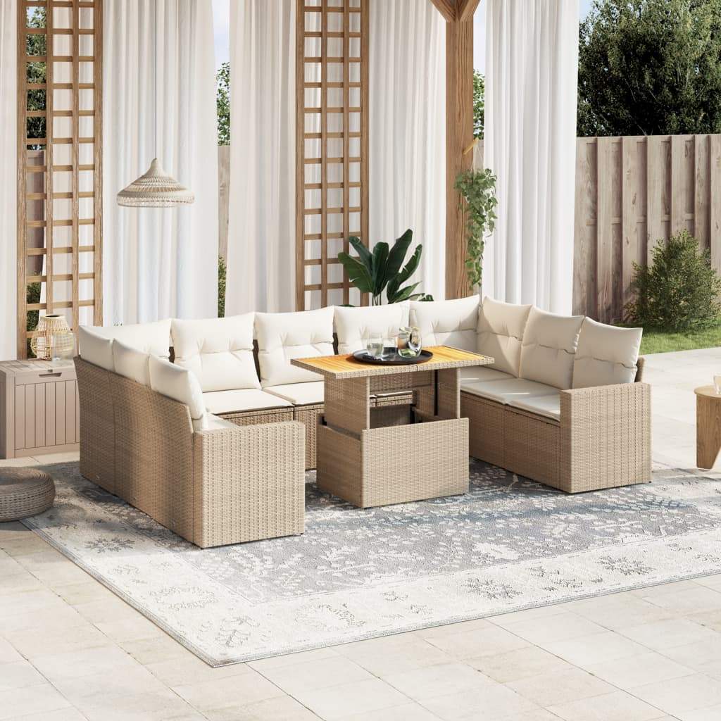 Set Divano da Giardino 10 pz con Cuscini Beige in Polyrattan - homemem39