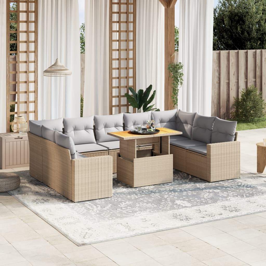 Set Divano da Giardino 10 pz con Cuscini Beige in Polyrattan - homemem39