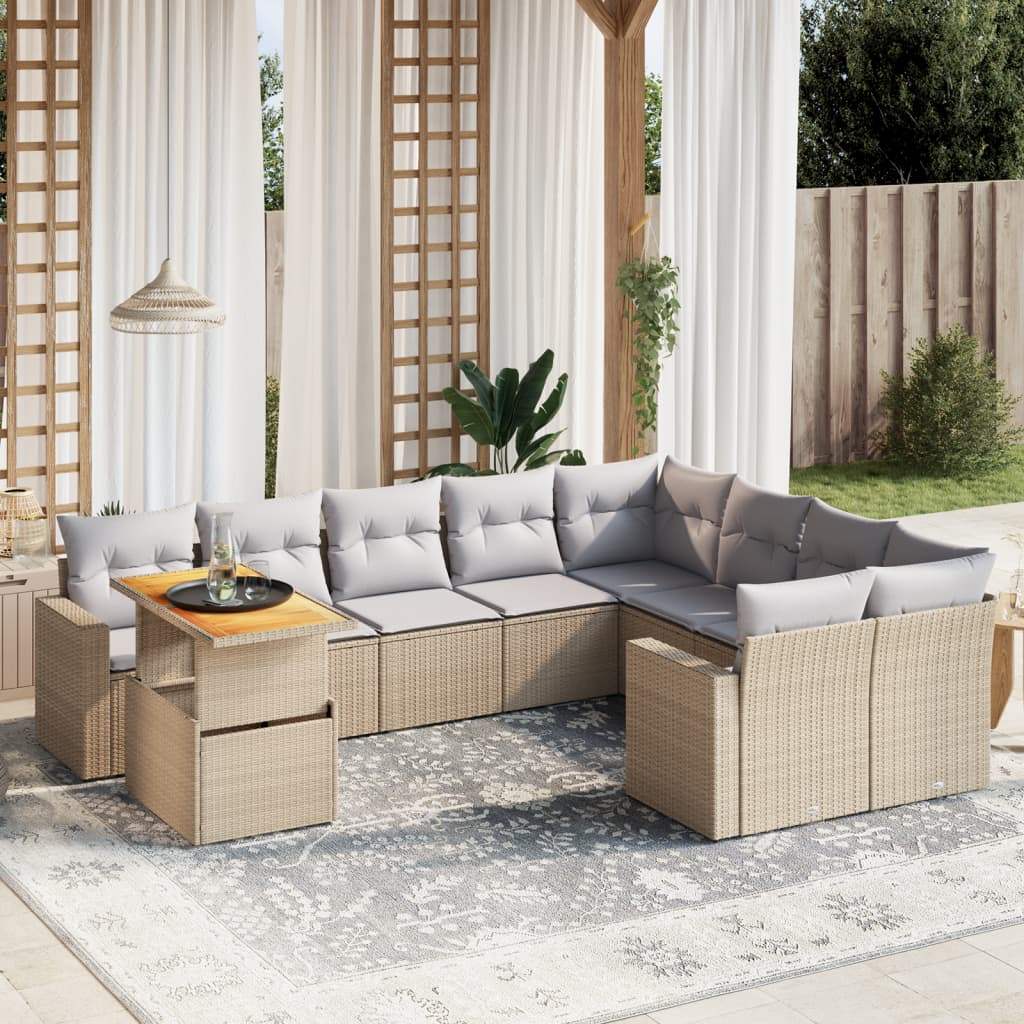 Set Divano da Giardino 10 pz con Cuscini Beige in Polyrattan - homemem39