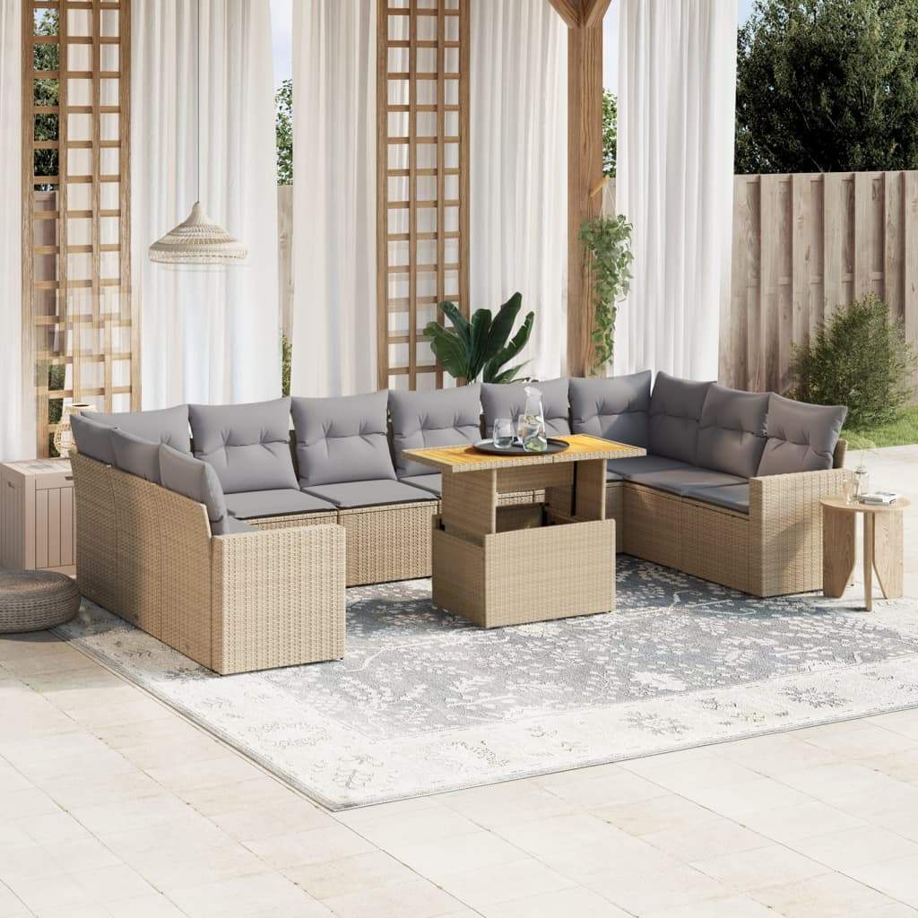 Set Divani da Giardino 11 pz con Cuscini Beige in Polyrattan - homemem39