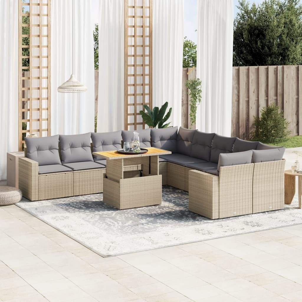 Set Divani da Giardino 11 pz con Cuscini Beige in Polyrattan - homemem39