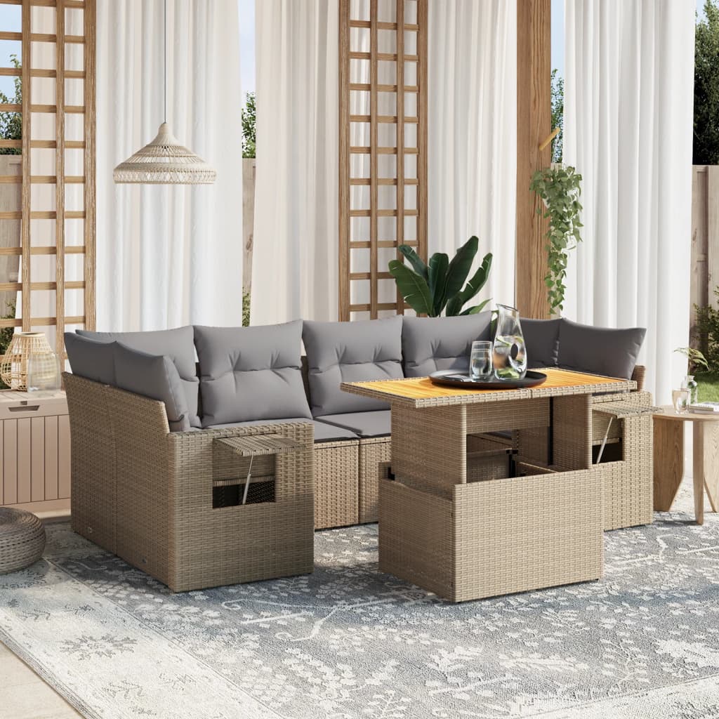 Set Divani da Giardino 7 pz con Cuscini Beige in Polyrattan | homemem39