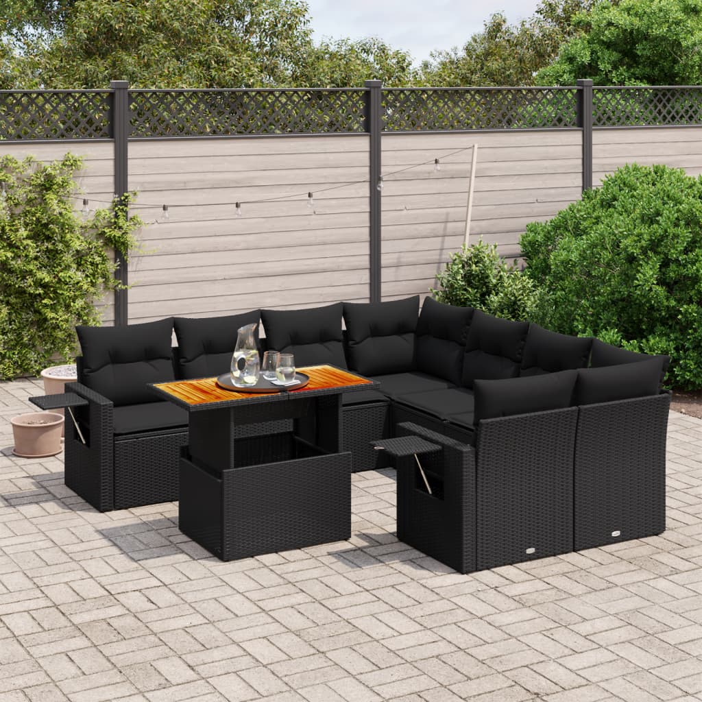 Set Divani da Giardino 9 pz con Cuscini Nero in Polyrattan - homemem39