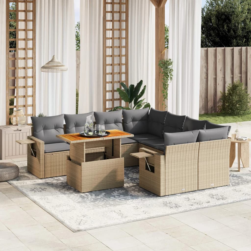 Set Divano da Giardino 9 pz con Cuscini Beige in Polyrattan | homemem39